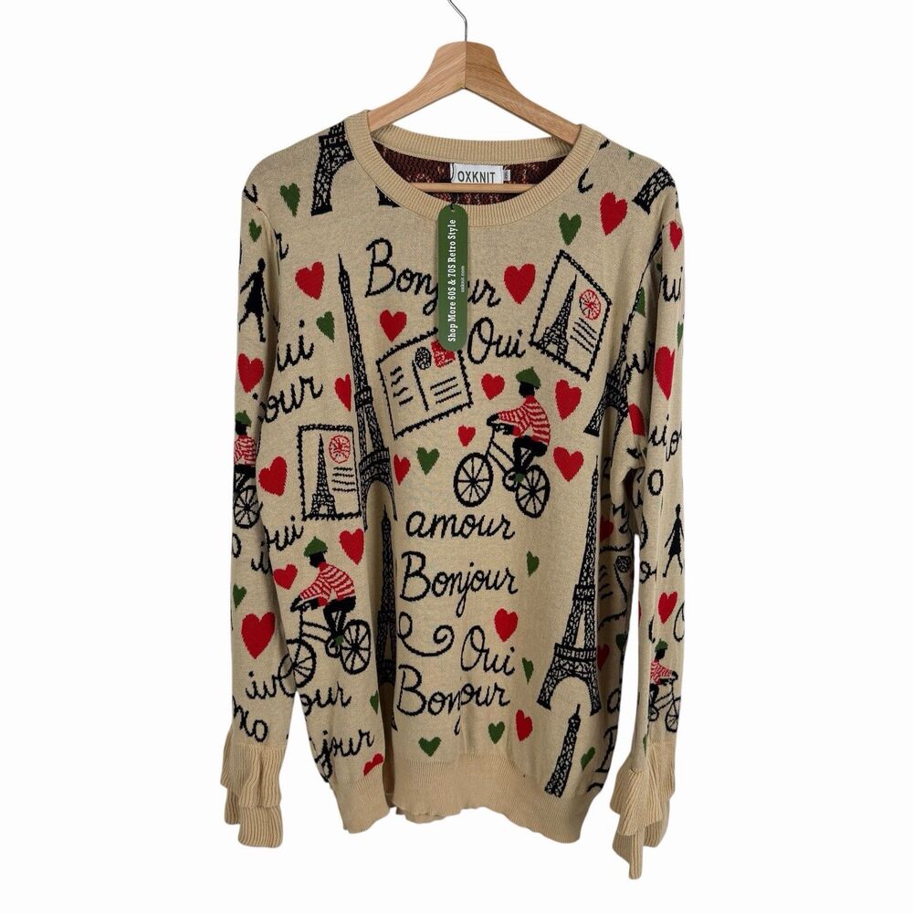 OXKNIT Paris Bonjour Eiffel Tower Knit Sweater 2XL Ruffle Cuffs Novelty Whimsy
